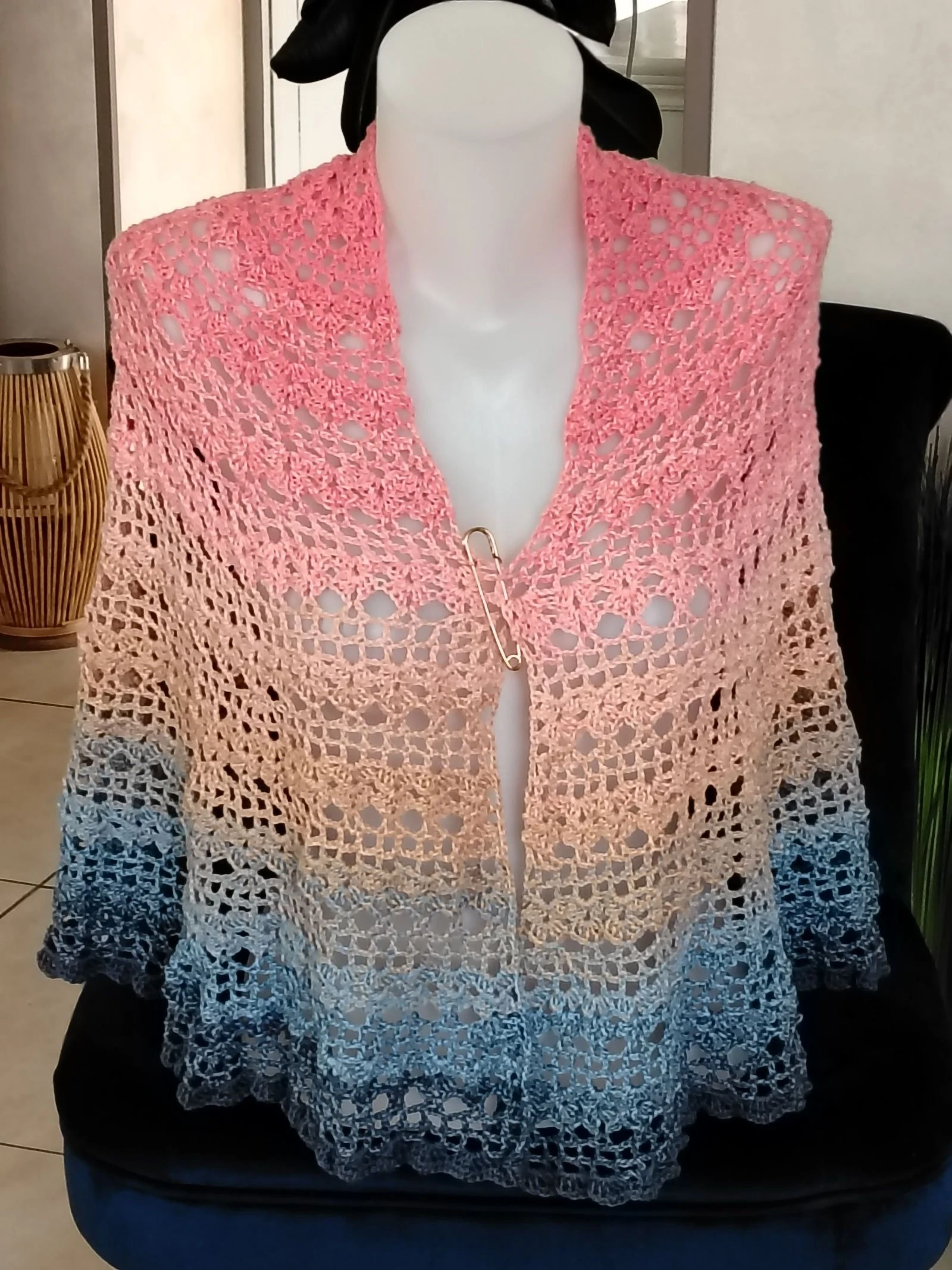 Handmade Half-Moon Large Scarf — Powder Pink, Beige & Jeans Blue Gradient – photo 5